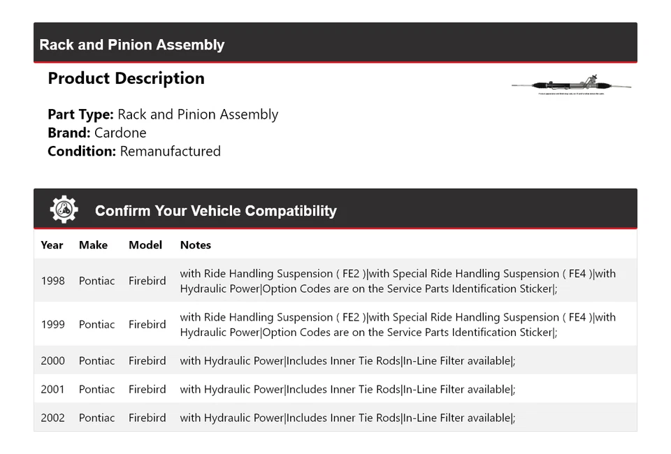 Conjunto de piñón y cremallera para Pontiac Firebird 1998-2002 Cardone 1999 2000 2001 Foto 2 de 4