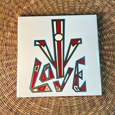 Vintage Hand Decorated LOVE Ceramic Trivet - Jeweled Cross - Made in USA