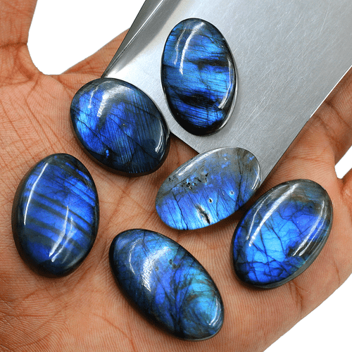 Posten 6 Stck. Natürlicher Labradorit Blau Feuer Top Qualität 28-34 mm Oval Cabochon Edelsteine - Bild 6 von 12