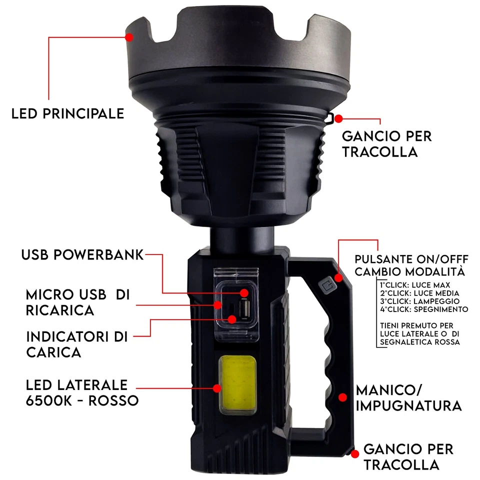 torcia tattica militare ricaricabile ultra potente 10.000 Lumen 500 metri - Immagine 3 di 4