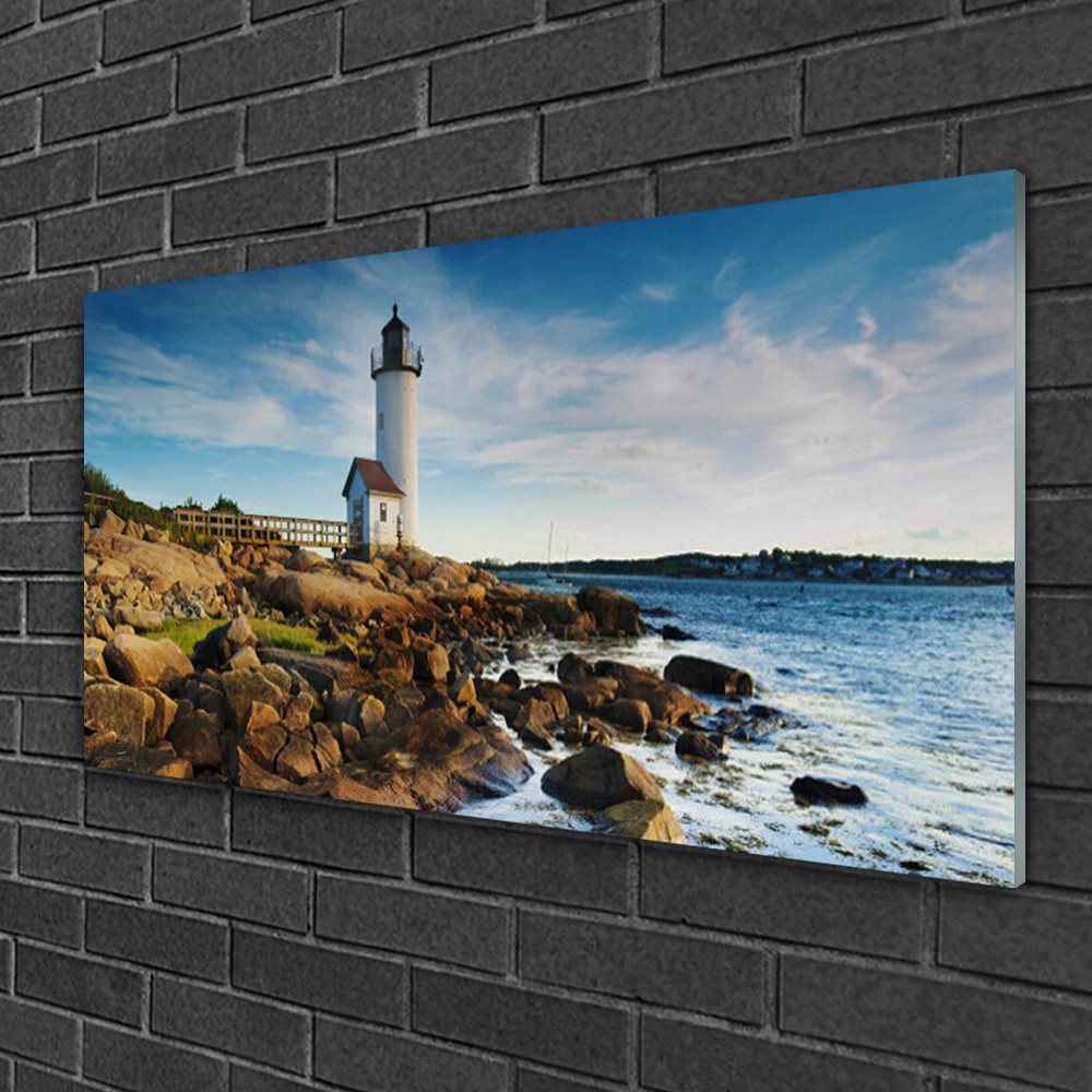 Tableau sur verre 100x50 Paysage Phare Roches Mer pour salon