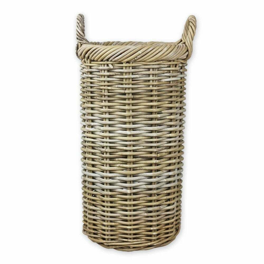 Umbrella Basket Grey & Buff Rattan Round Hallway Storage Woven Wicker Handles