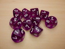 16mm Set of Ten 10D10 Dice - Translucent Purple with White - RPG Tabletop Games