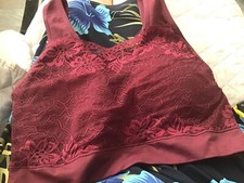 Rhonda Shear Burgundy Lace Overlay Molded Cup Bra sz L nwot