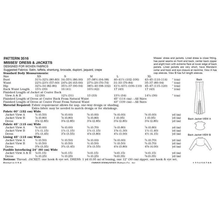 Kwik Sew Pattern K3516 | Misses Vintage Style Formal Dress & Bolero | Sz XS - XL - Image 2 of 2