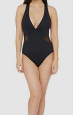 133 La Blanca Women's Black Side Mesh One-Piece Multi Strap Swimwear Size 12