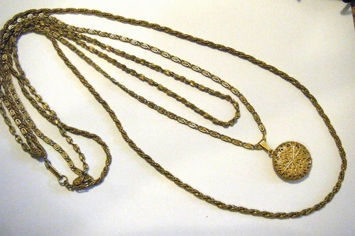 Vintage Gold Tone Miriam Haskell Necklace Triple Chain Double Filigree Locket