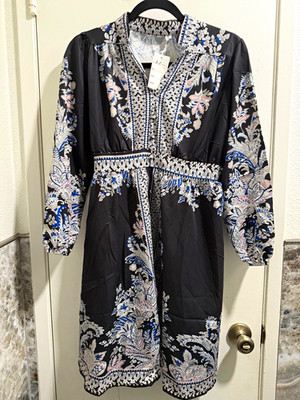 AS Elegant Black Floral Woven Smocked V-Neck Puff 3/4 Sleeve Knee Dress S