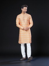 Orange Color Traditional Men's Kurta Pajama Set  Cultural Wear for Men