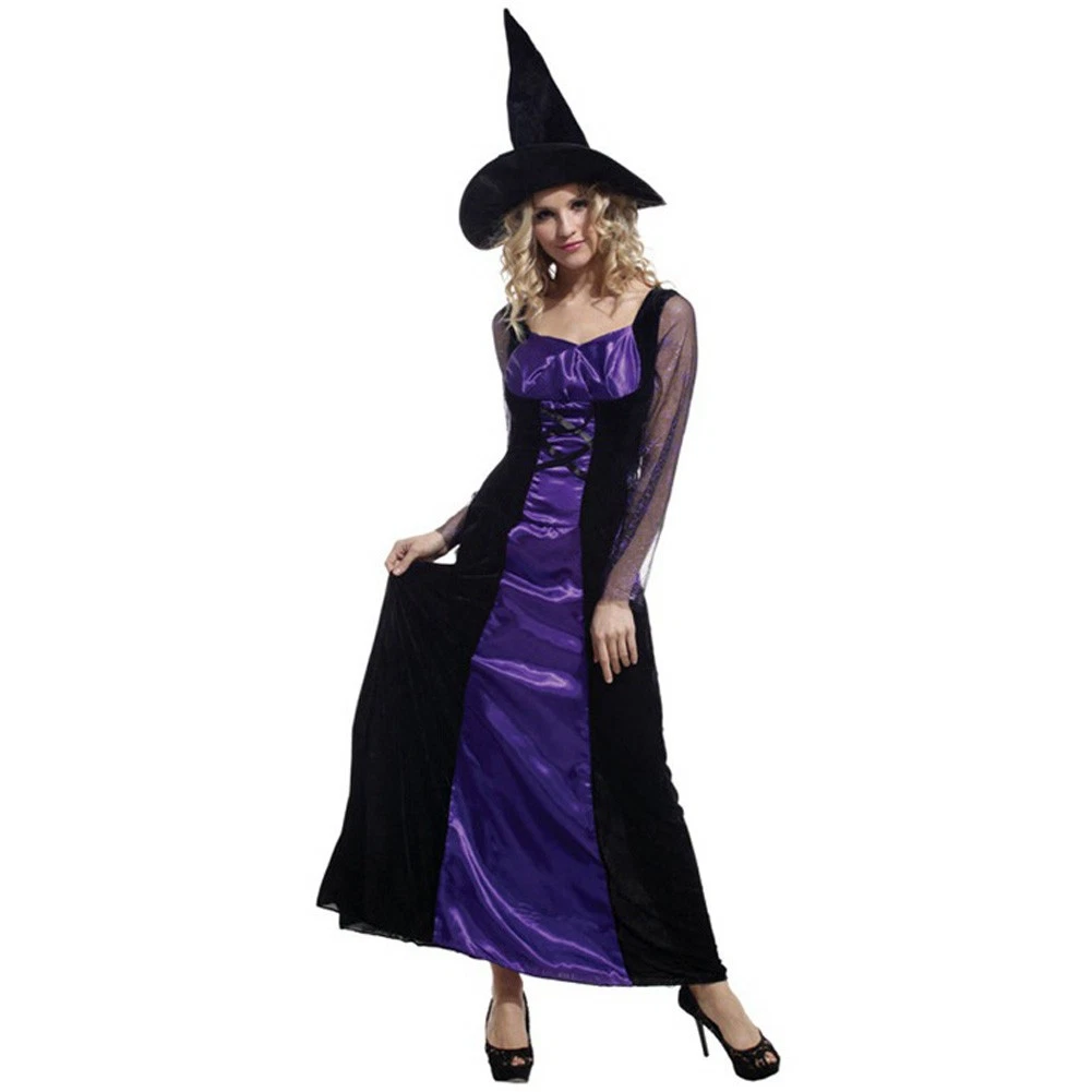 Costume Di Halloween Donna Viola Con Gonna A Zucca - Abito Da Festa Vintage Senza Maniche Con Fantasia Pipistrelli E Castello - Taglie Disponibili