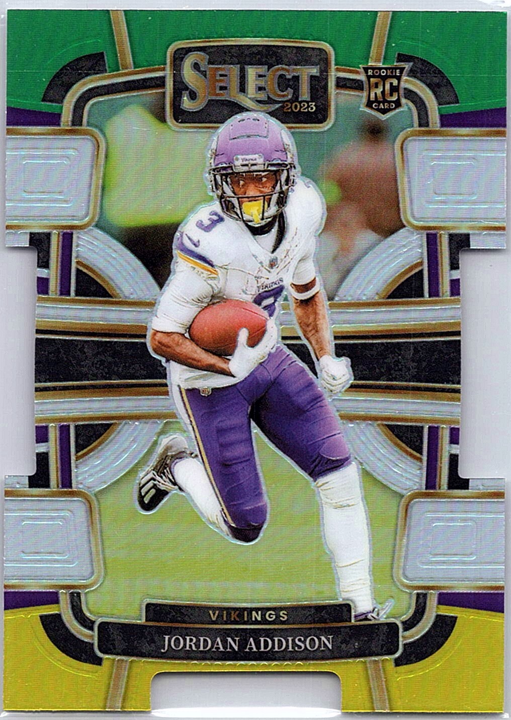 2023 Panini Select #66 Jordan Addison Green and Yellow Prizms Die Cuts RC
