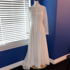 Vintage 1970s Cream Lace Wedding Gown Mock Neck Bishop Sleeves
