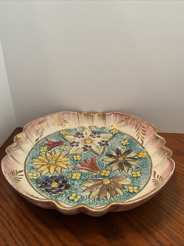 Vintage H. Bequet Quaregnon Belgium Hand Painted Majolica Faience Floral Dish
