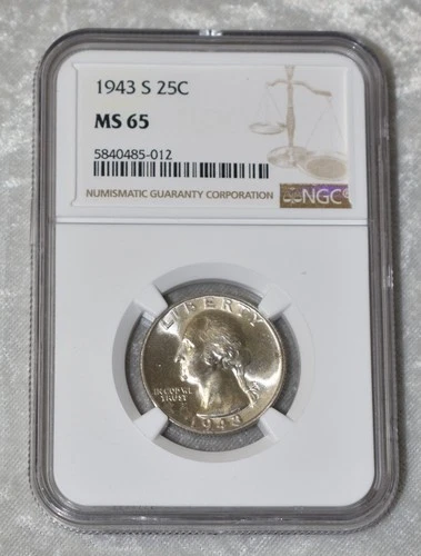 1943 S WASHINGTON QUARTER 90% SILVER NGC MS 65 MS65 SAN FRANCISCO MINT 25¢ COIN