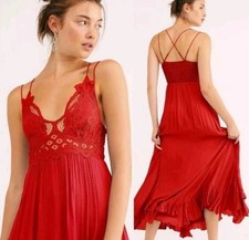 Free People Adella Maxi Slip Dress Woman XS Sleeveless Boho Crochet Lace Red