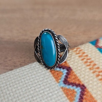 Vintage Sterling Silver Oval Turquoise Stampwork & Rope Ring Size 6.5, Old Pawn?