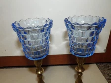2 HOMCO BLUE Lady Love PEG Cubist Votive Cup Candle Holder Fostoria American