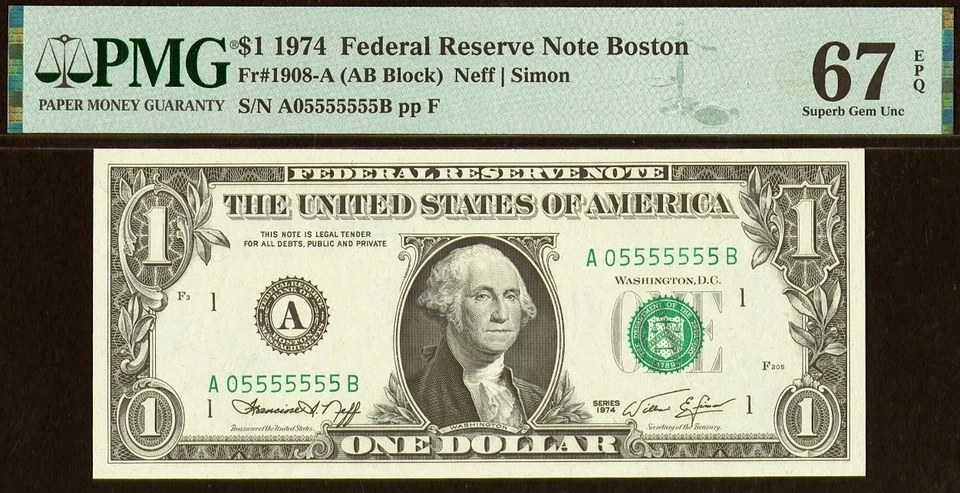 1974 $1 Federal Reserve Note PMG 67EP - Near Solid Serial Number 05555555 - Image 2 of 3