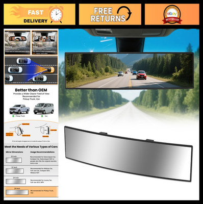 16'' Chrome Anti-Glare Panoramic Rear View Mirror - Wide Angle Convex Clip-On Ext