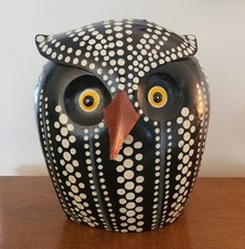 Black w/White Dots Owl Coin Bank Painted Metal 11" Home Decor Missing Stopper