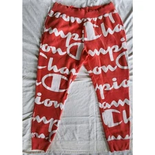 Champion XL Reverse Weave Big Spellout All Over Print Joggers Logo Orange Peach