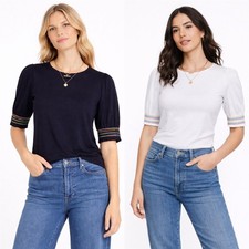 Womens Boden Smocked Cuff Top Cotton Modal Short Sleeve Navy White Summer