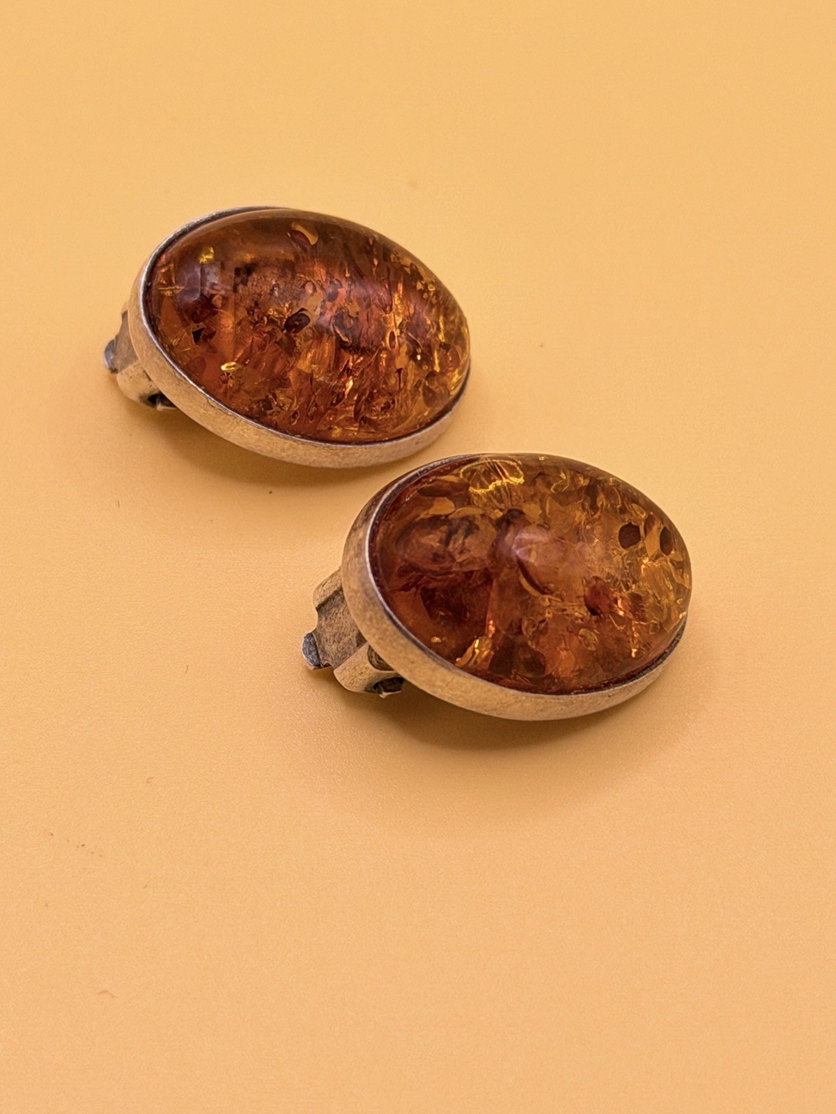 Simple Baltic Honey Amber Sterling Silver Oval Cabochon Clip On Earrings #145 image 2