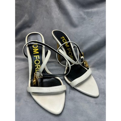 Tom Ford Padlock Shiny Leather Pointy Sandals Size 36 Chalk White 105mm Heel