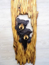 Hand Carved 2 BLACK BEAR CUBS peeking HOLLOW TREE Wall Art Wood Carving chainsaw