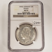 1909-G German States Baden 3 Mark  .4823 oz ASW - NGC AU 53 - SKU-Q2460