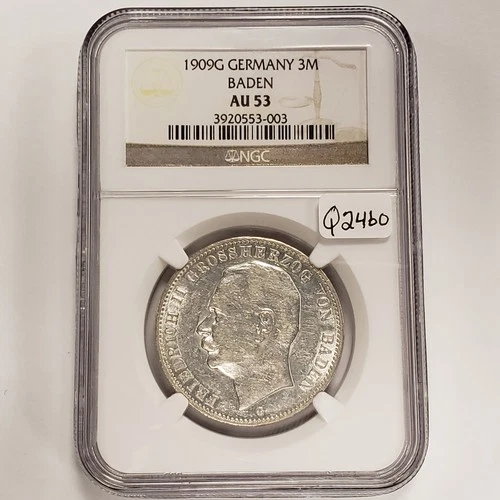 1909-G German States Baden 3 Mark  .4823 oz ASW - NGC AU 53 - SKU-Q2460