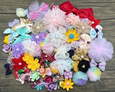 100 Count Mix Satin Ribbon Rose Flowers Bows Appliques Organza Daisy Flower E...