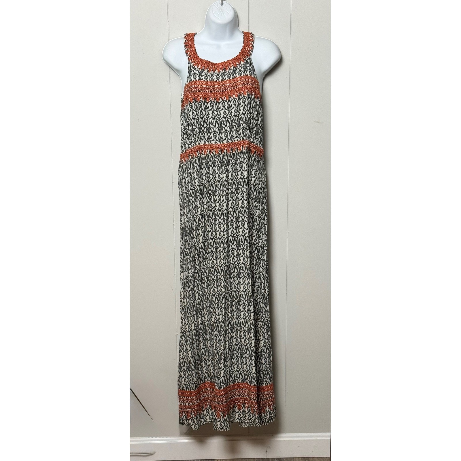 THML Women's Black White Geometric Print Orange Crochet Trim Maxi Dress Size M