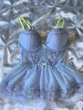 Victoria's Secret 34C Blue Mesh Lace Babydoll, Adjustable Straps Floral