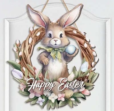 Easter Wreaths for Front Door Wooden Easter Sign 12.6 x 14.6 Inch Door Hanging