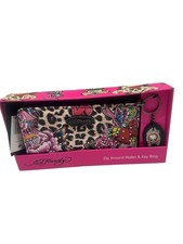 Ed Hardy Leopard Print Rose Hearts Zip-Around Wallet Wristlet  Key Ring   NWT