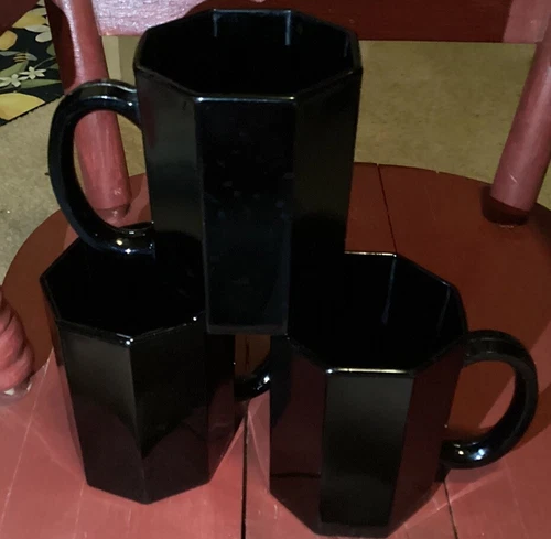 Vintage Arcoroc Black Glass Coffee Tea Mugs Made in France Set of 3