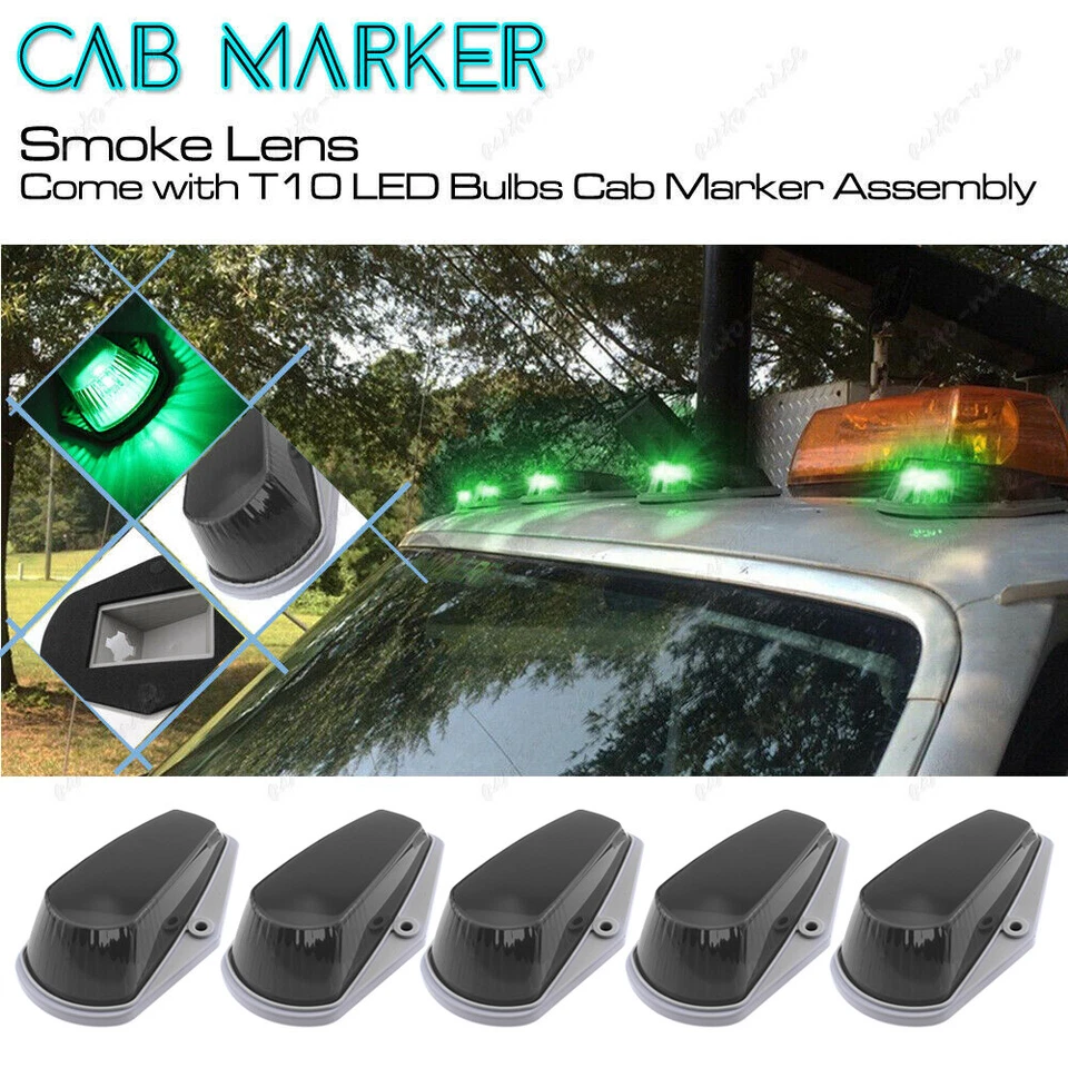 5 Roof Top Cab Marker Light Smoke Lens Cover + Green LED for Ford F350 F250 F150 - Image 2 of 4