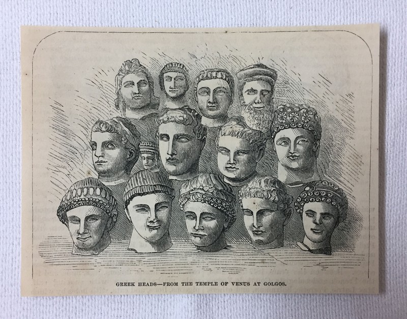 1872 magazine engraving~ GREEK HEADS FROM THE TEMPLE AT VENUS At Golgos