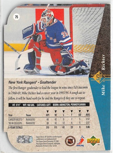 1994-95 SP Die Cuts #75 Mike Richter - Picture 2 of 2