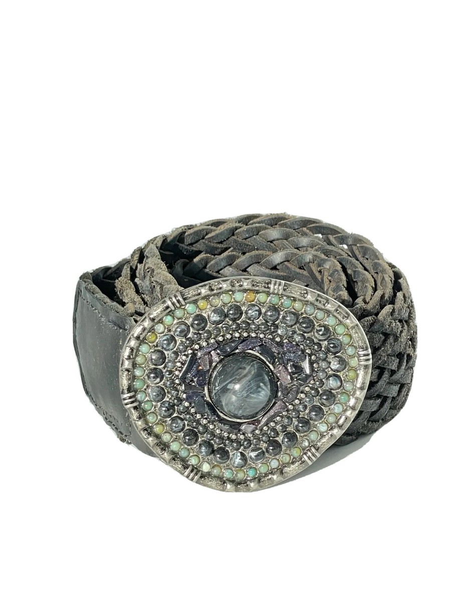 Jessica Simpson Women\'s Charcoal Braided leather Belt size L/XL Jessica Simpson Black Woven Braided Wide Leather Belt Silver  main image 2