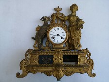 Pendule XIXe Régule doré et marbre thème campagne chèvre / Jeune fille