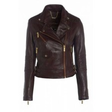 Branded Embroidered Bordeaux Ladies Leather Biker Jacket Sizes 8,12 Uk Xmas Sale