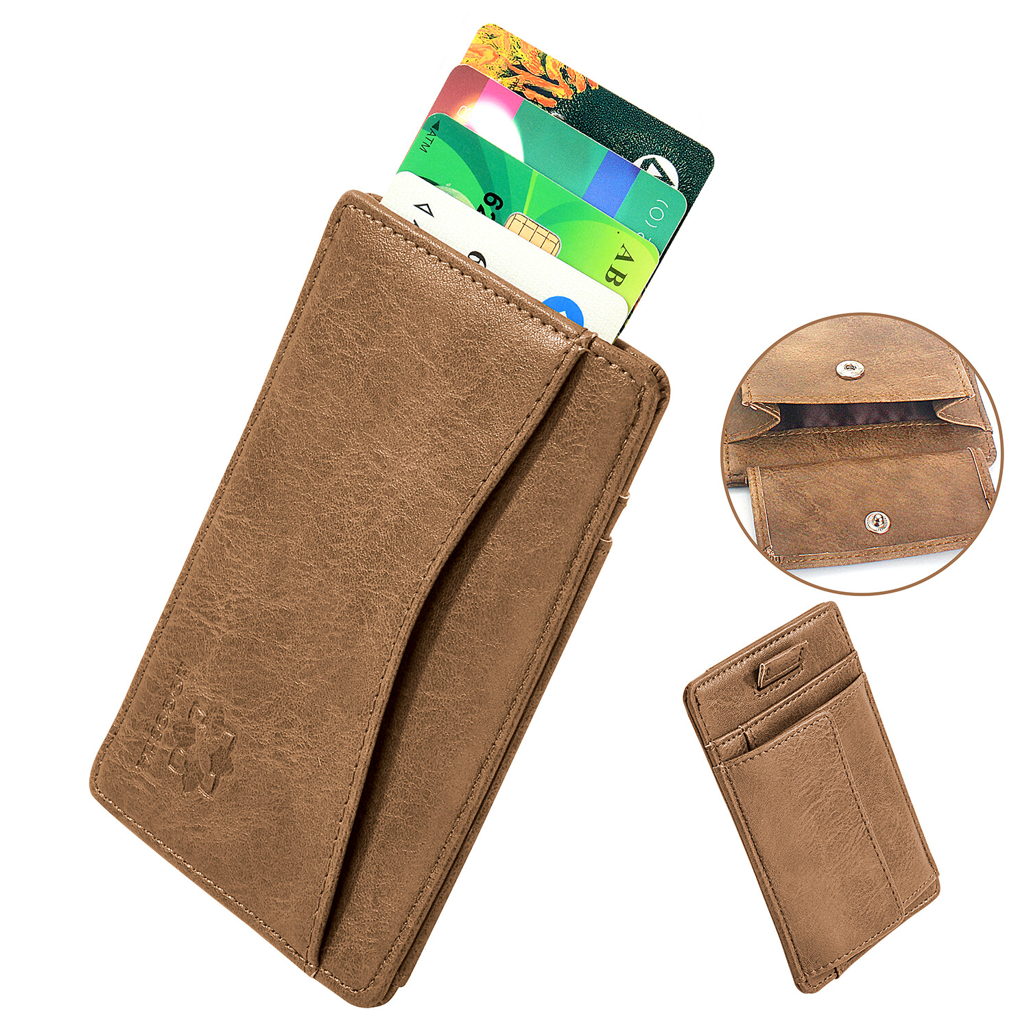 Tarjetero de piel con monedero, Antirrobo Minimalista Slim