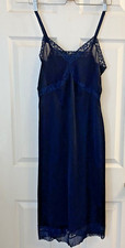Vintage Nylon Tricot Vanity Fair Slip Dress Navy Blue Accordion Pleats Wom. Sz S