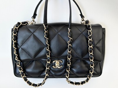 CHANEL / ハンドバッグ/レザー/BLK/無地 CHANEL EASY CARRY BLACK QUILTED SOFT LEATHER MEDIUM TOP HANDLE
