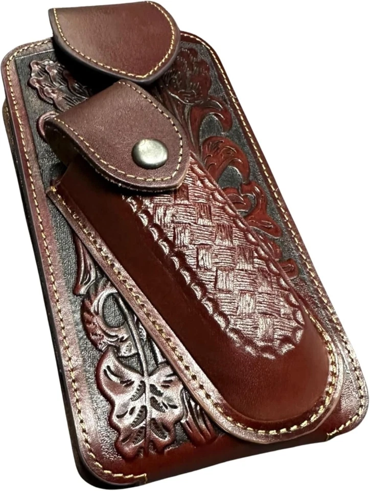 7" BASKETWEAVE & KNIFE POUCH CELL PHONE CASE HOLSTER LEATHER UNIVERSAL #EH12295 - Image 3 of 4