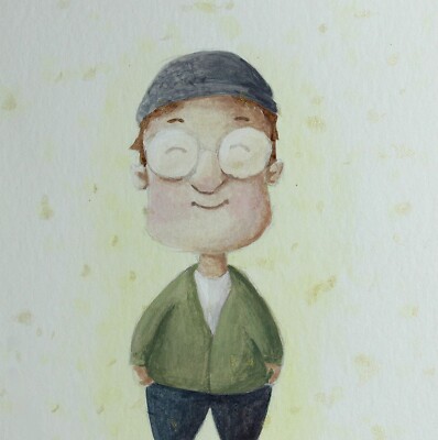 Aquarell Malerei, Junge, Freude, Kunst, Papier, Gold, Mütze, Brille