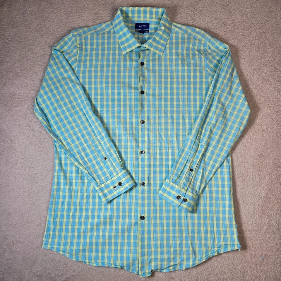 Mens APT 9 Dress Shirt Slim Fit Extra Large Blue Yellow Plaid Premiere Flex Prep - Image 3 of 4
