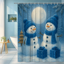 Snowman Shower Curtain - Winter Holiday Decor, Cute Blue Design